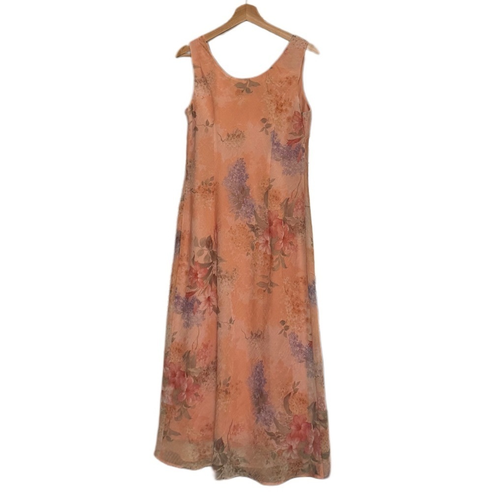 VTG Karin Stevens Sheer Overlay Sleeveless Peach Floral Fairy Midi Slip Dress 10 - Picture 8 of 8